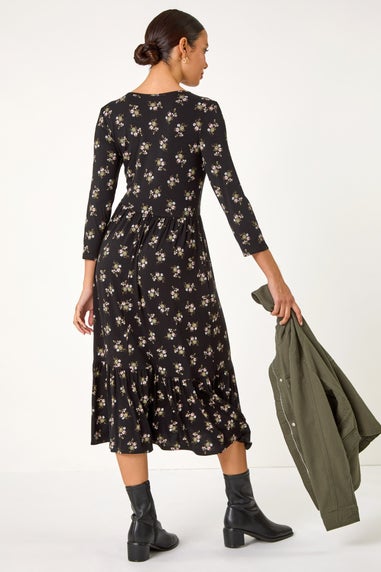 Roman Black Floral Print Frill Hem Stretch Midi Dress