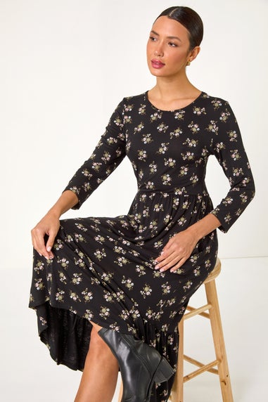 Roman Black Floral Print Frill Hem Stretch Midi Dress