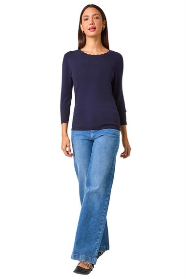 Roman Midnight Blue Diamante Button Scallop Edge Jumper