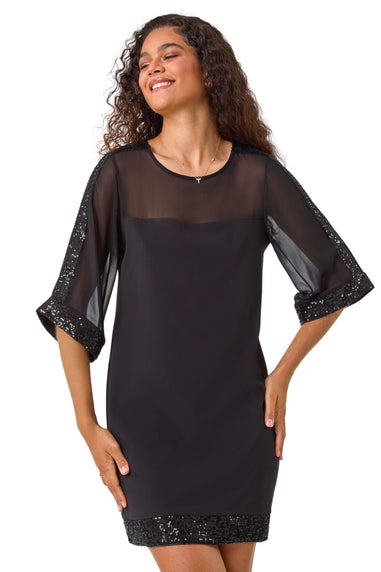 Roman Black Sequin Trim Shift Dress