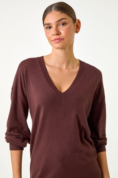 Roman Chocolate Plain V-Neck Stretch Jumper