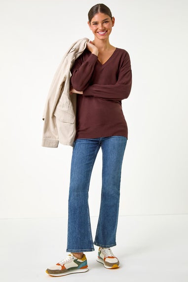 Roman Chocolate Plain V-Neck Stretch Jumper