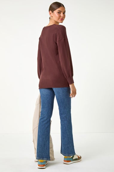 Roman Chocolate Plain V-Neck Stretch Jumper