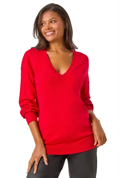 Roman Rose Plain V-Neck Stretch Longline Jumper