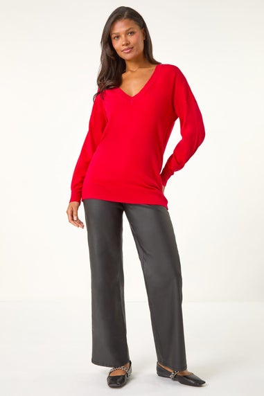 Roman Rose Plain V-Neck Stretch Longline Jumper