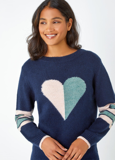 Roman Midnight Blue Heart Print Stripe Sleeve Jumper