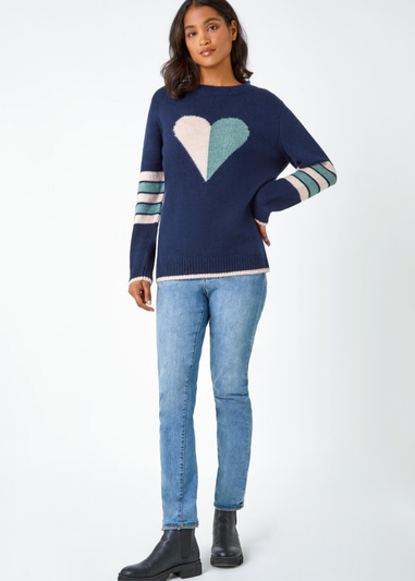 Roman Midnight Blue Heart Print Stripe Sleeve Jumper