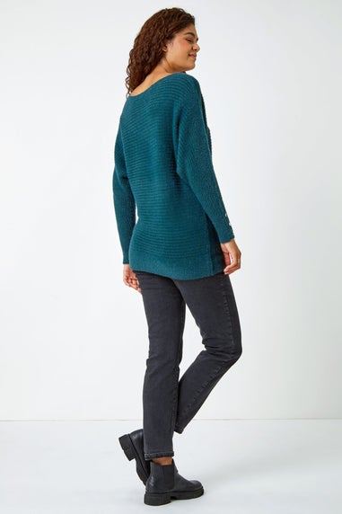 Roman Green Button Sleeve Fluffy Longline Jumper