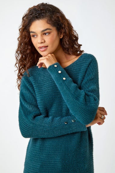 Roman Green Button Sleeve Fluffy Longline Jumper