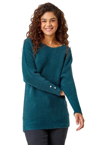 Roman Green Button Sleeve Fluffy Longline Jumper