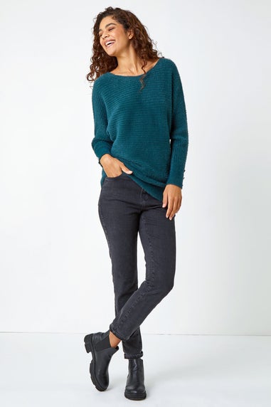 Roman Green Button Sleeve Fluffy Longline Jumper