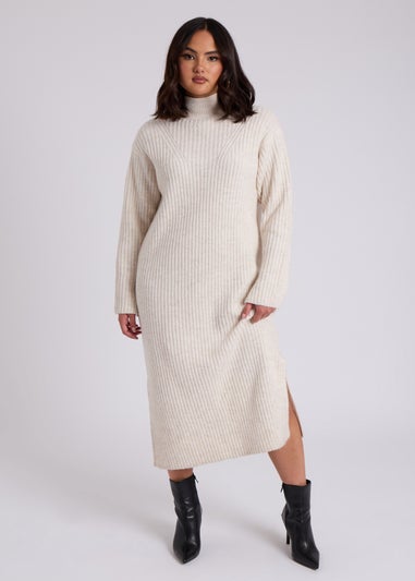 Urban Bliss Cream Stand Neck Ribbed Dress