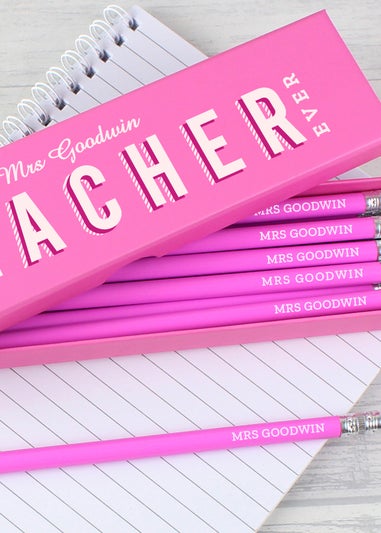 Personalised Memento Company Pink Best Teacher Ever Box with 12 Pink HB Pencils