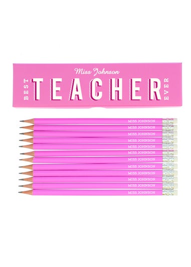Personalised Memento Company Pink Best Teacher Ever Box with 12 Pink HB Pencils