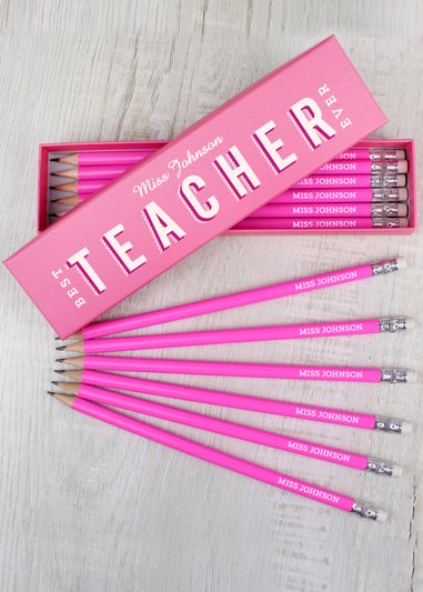 Personalised Memento Company Pink Best Teacher Ever Box with 12 Pink HB Pencils