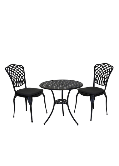 Charles Bentley Cast Aluminium Black Bistro Table & 2 Chairs Set (Dia. 70cm H68cm)