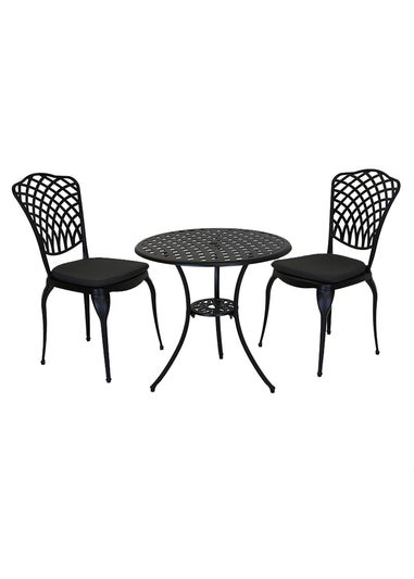 Charles Bentley Cast Aluminium Black Bistro Table & 2 Chairs Set (Dia. 70cm H68cm)