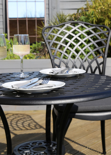 Charles Bentley Cast Aluminium Black Bistro Table & 2 Chairs Set (Dia. 70cm H68cm)