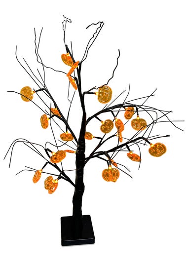 Premier Decorations Battery Operated Lit Black Tree with Pumpkins & 24 Warm White LEDs (60cm)