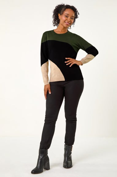 Roman Khaki Petite Colour Block Stripe Knit Jumper