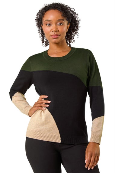 Roman Khaki Petite Colour Block Stripe Knit Jumper