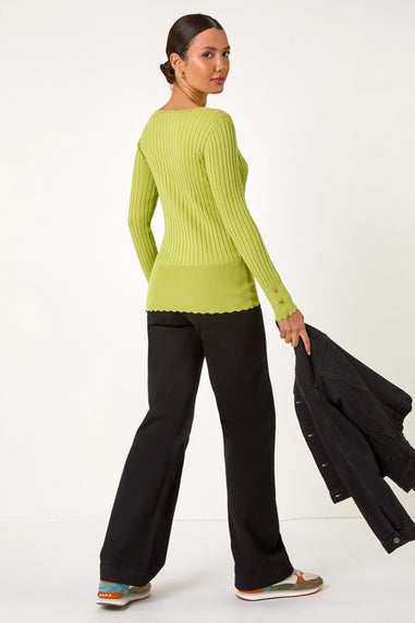 Roman Green Button Detail Ribbed Longline Jumper