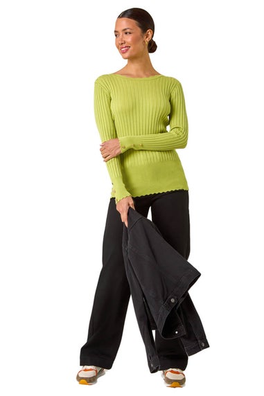 Roman Green Button Detail Ribbed Longline Jumper