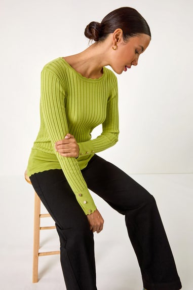 Roman Green Button Detail Ribbed Longline Jumper