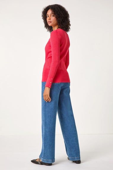 Roman Coral Button Detail Ribbed Longline Jumper