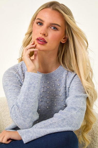 Roman Blue Petite Pearl Detail Knit Jumper