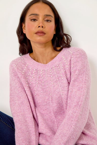 Roman Pale Pink Petite Pearl Embellished Knit Jumper