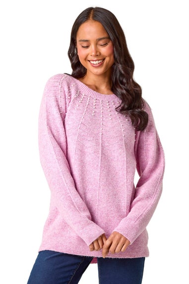 Roman Pale Pink Petite Pearl Embellished Knit Jumper