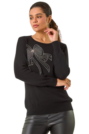 Roman Black Sparkle Bow Detail Crew Neck Jumper