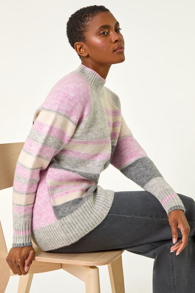 Roman Light Grey Stripe Colour Block Knitted Jumper