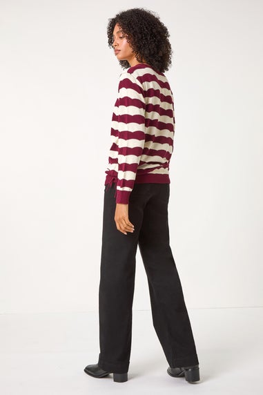 Roman Burgundy Striped Scallop Cotton Blend Tie Jumper