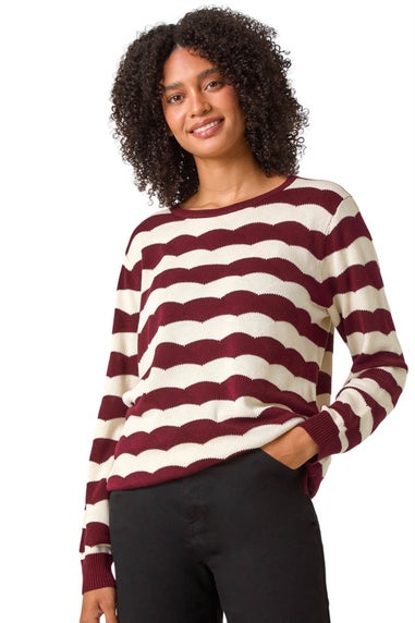 Roman Burgundy Striped Scallop Cotton Blend Tie Jumper