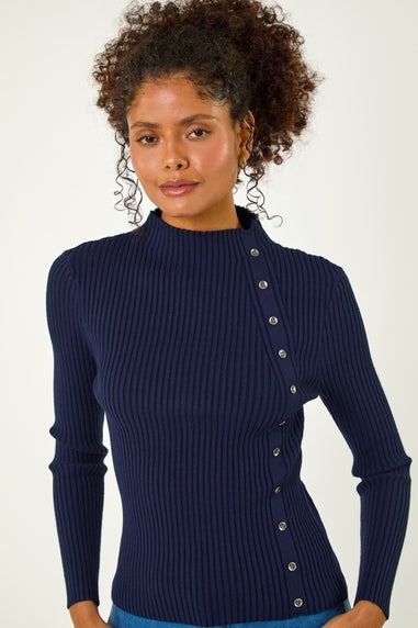 Dusk Navy High Neck Button Detail Rib Jumper