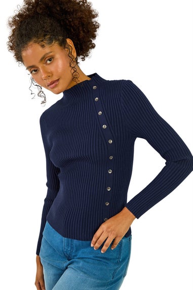 Dusk Navy Dusk High Neck Button Detail Rib Jumper