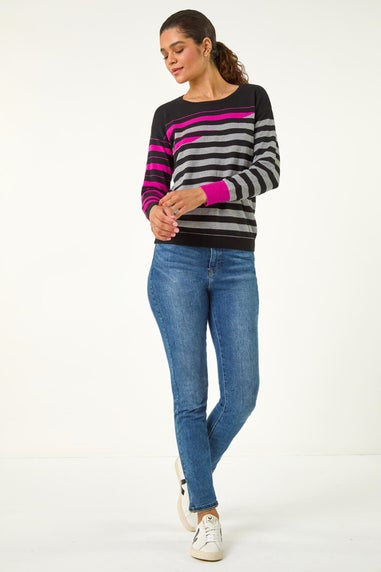 Roman Magenta Grey Crew Neck Contrast Stripe Knit Jumper