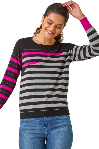 Roman Magenta Grey Crew Neck Contrast Stripe Knit Jumper