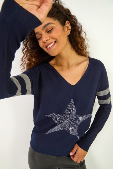 Roman Midnight Blue Star Embellished Knit Jumper