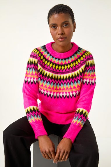 Roman Magenta Diamond Print Crew Neck Knit Jumper