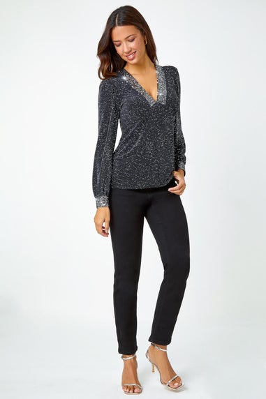 Roman Silver Sequin Trim Shimmer Stretch Top