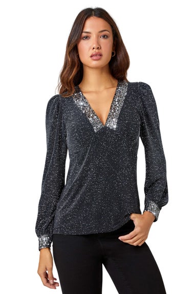 Roman Silver Sequin Trim Shimmer Stretch Top