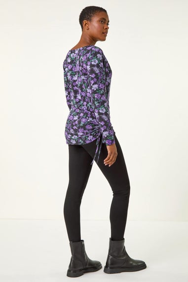 Roman Purple Ruched Cowl Neck Floral Top