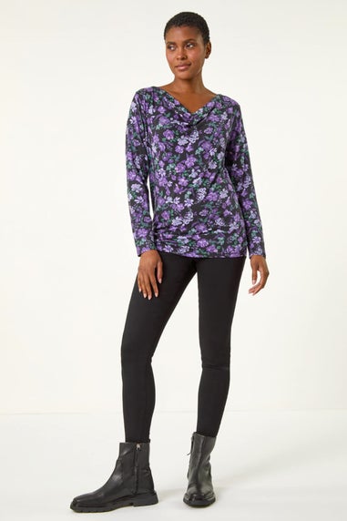 Roman Purple Ruched Cowl Neck Floral Top