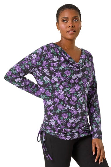 Roman Purple Ruched Cowl Neck Floral Top