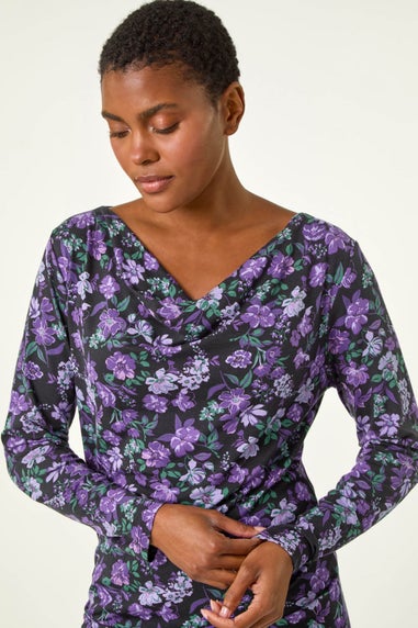 Roman Purple Ruched Cowl Neck Floral Top