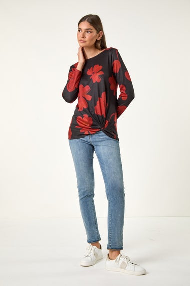 Roman Red Floral Print Stretch Hem Top