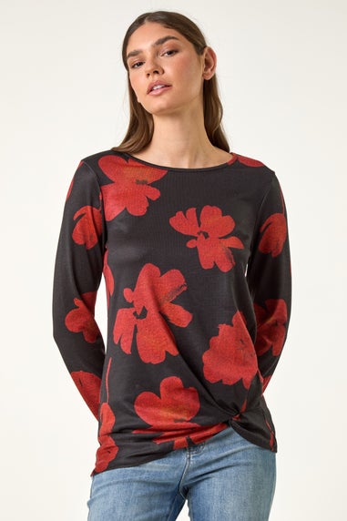 Roman Red Floral Print Stretch Hem Top